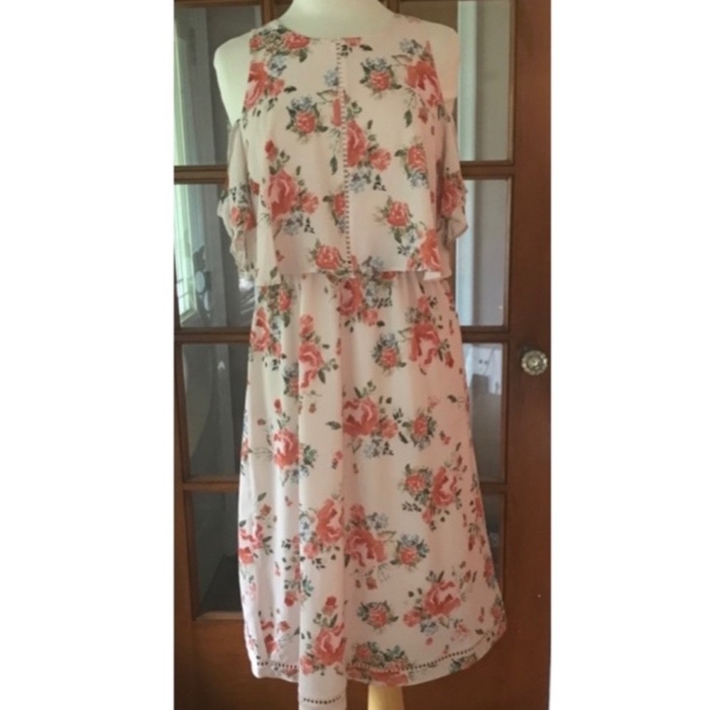 Floral Midi High Neckline Pink Dress